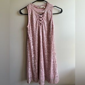 Liberty Love pink lace criss cross, floral knee length dress